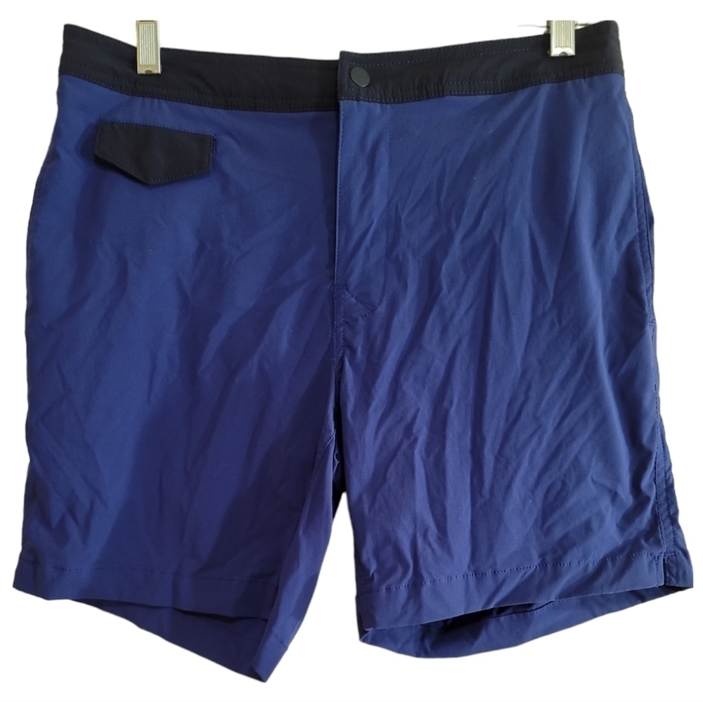 J. Crew Blue Swim Trunks 7" inseam Black Trim Button Zip Closure Pockets 31